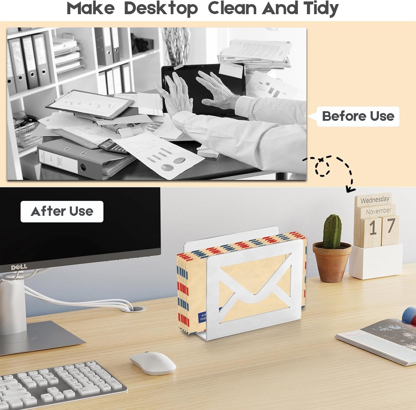 Desktop Metal Mail Holder,Modern Black Letter Organizer for Desk with Cutout Envelope Design,Home and Office Envelope and Document Storage Rack (Black)