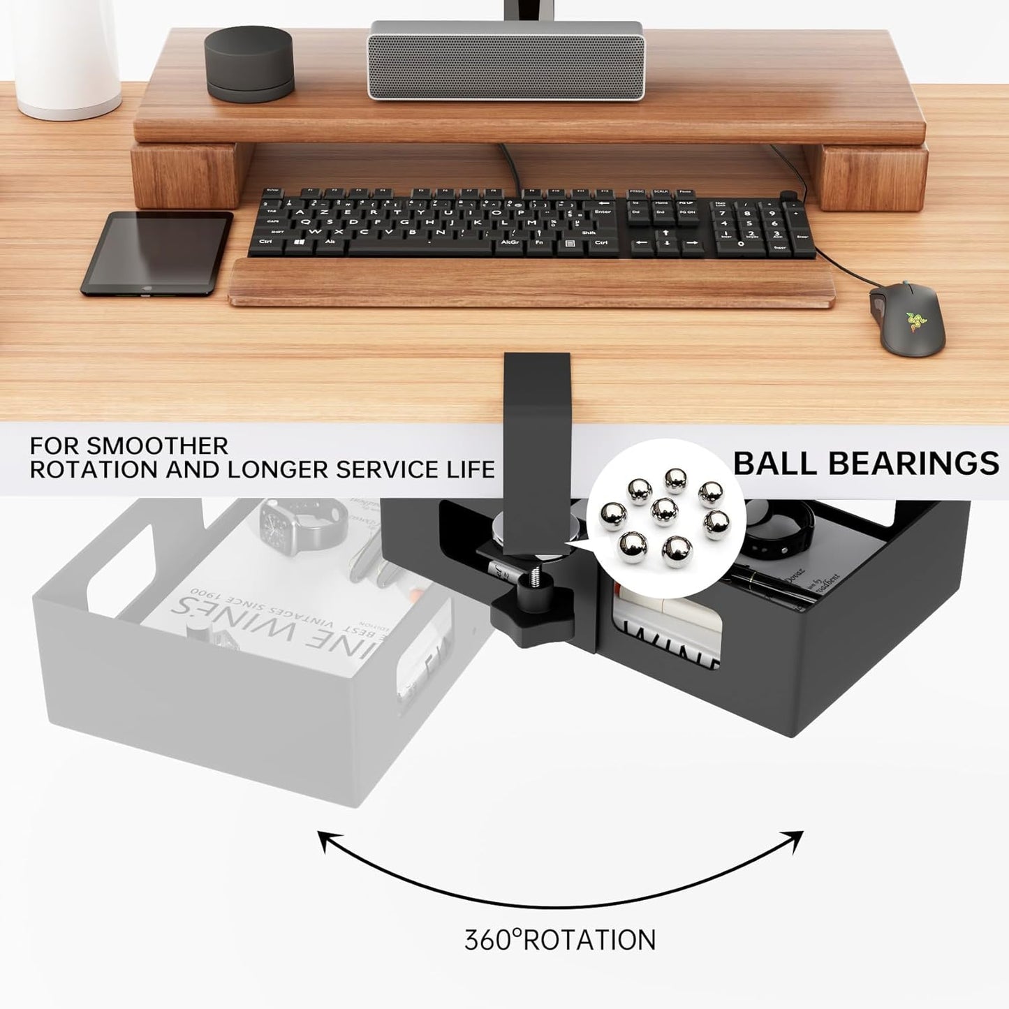 Clamp-on Side Desk Swivel Organizer, Under Desk Hidden Storage Drawer with Cable Hole, Hanging Desk Rotated Metal Basket for Extender Desk Space
