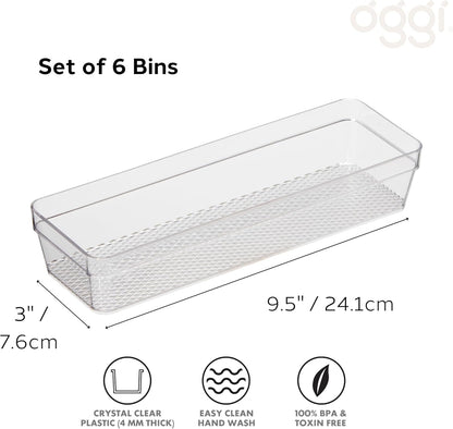 Oggi Clear Drawer Organizer - 3" X 9.5" (Set of 6) - Ideal for Organizing Kitchen Drawers, Office, Desk, Silverware, Kitchen Utensils, Cosmetics and Bathrooms