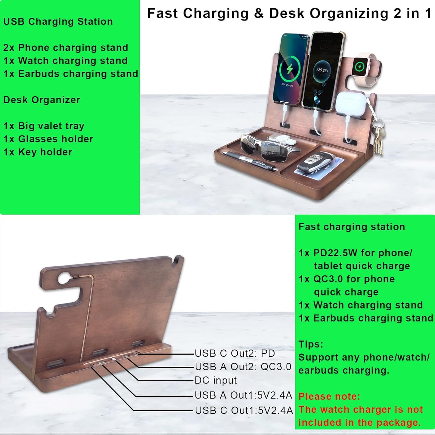 Wood Phone Docking Station with Drawer Nightstand Organizer for Men Dual Phone Charging Station for iPhone Samsung Google Desk Organizers Anniversary Birthday Gifts for Men Dad Him Husband