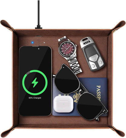 Wireless Charging Valet Tray, Hi-HONX Travel Essentials Organizer with 15W Fast Qi Charger for Passport, Phone, Keys, Wallet | Bedside Desk Valet Tray for Hotel, Home Entryway, Dresser
