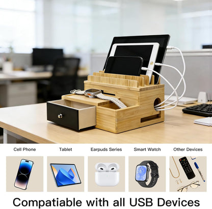 Bamboo Charging Organizer for Multi-Devices, with Drawer and Pen Holder, Nightstand Desk Charging Stations Electronic Organizer for Cell Phone, Tablet, Etc (with 5-Cable, No USB Charger)