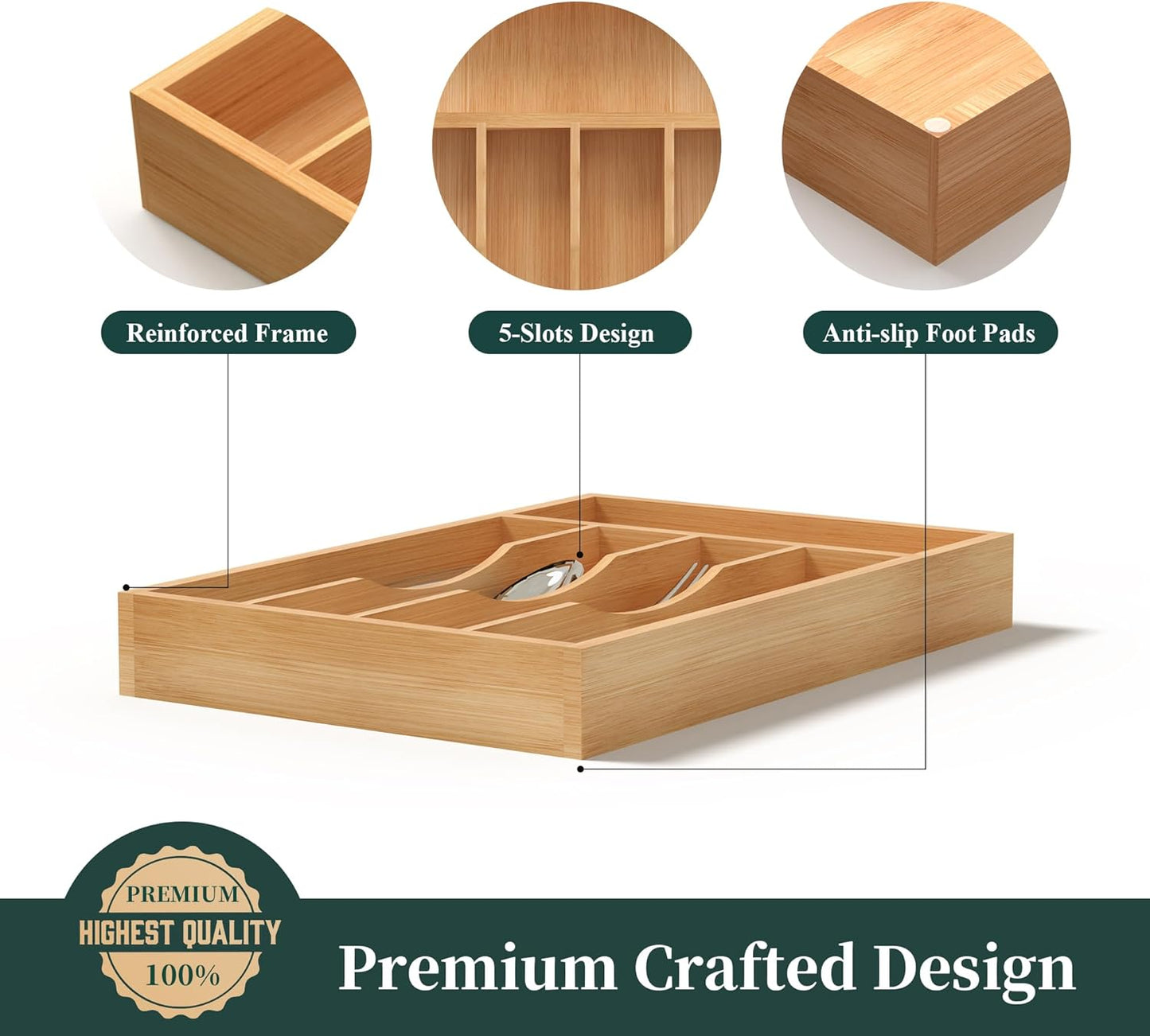 Small Silverware Organizer, Bamboo Kitchen Drawer Organizer, Utensil Holder, Cutlery Tray & Spoon Flatware Storage with Grooved Drawer Dividers (6.7''W x 12''D)