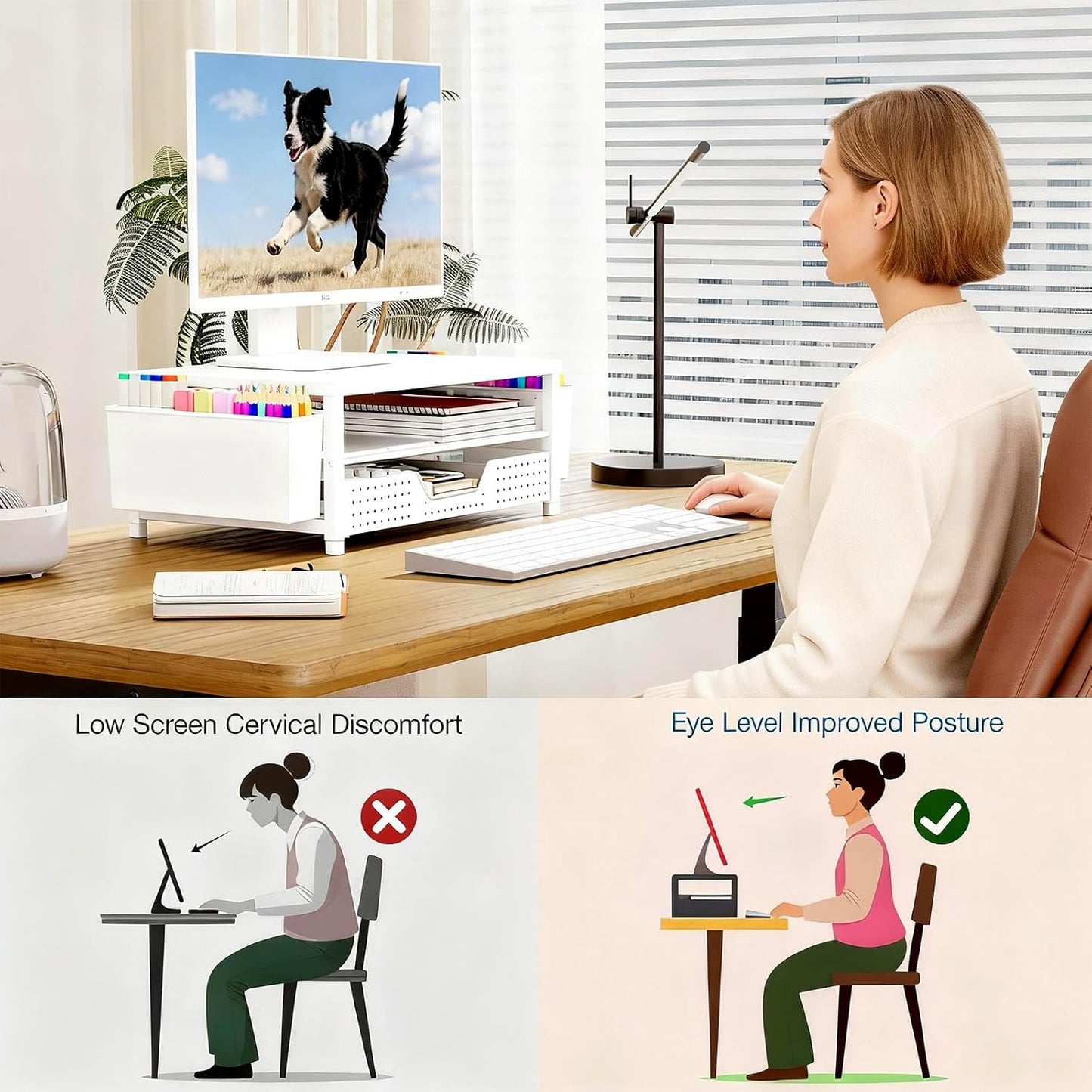 OPNICE Desk Organizers and Accessories, Computer Monitor Stand Riser with Drawer and 2 Pen Holders, Printer & Laptop Stand, Office Desk Accessories & Workspace Organizers for Home Office Supplies, Black