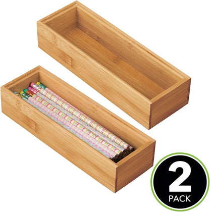 mDesign Slim Wooden Bamboo Drawer Organizer for Office - 12" Long Stackable Storage Box Tray for Desk Drawers/Cabinet - Junk Drawer and Accessories Organization - Echo Collection, 2 Pack, Natural Wood