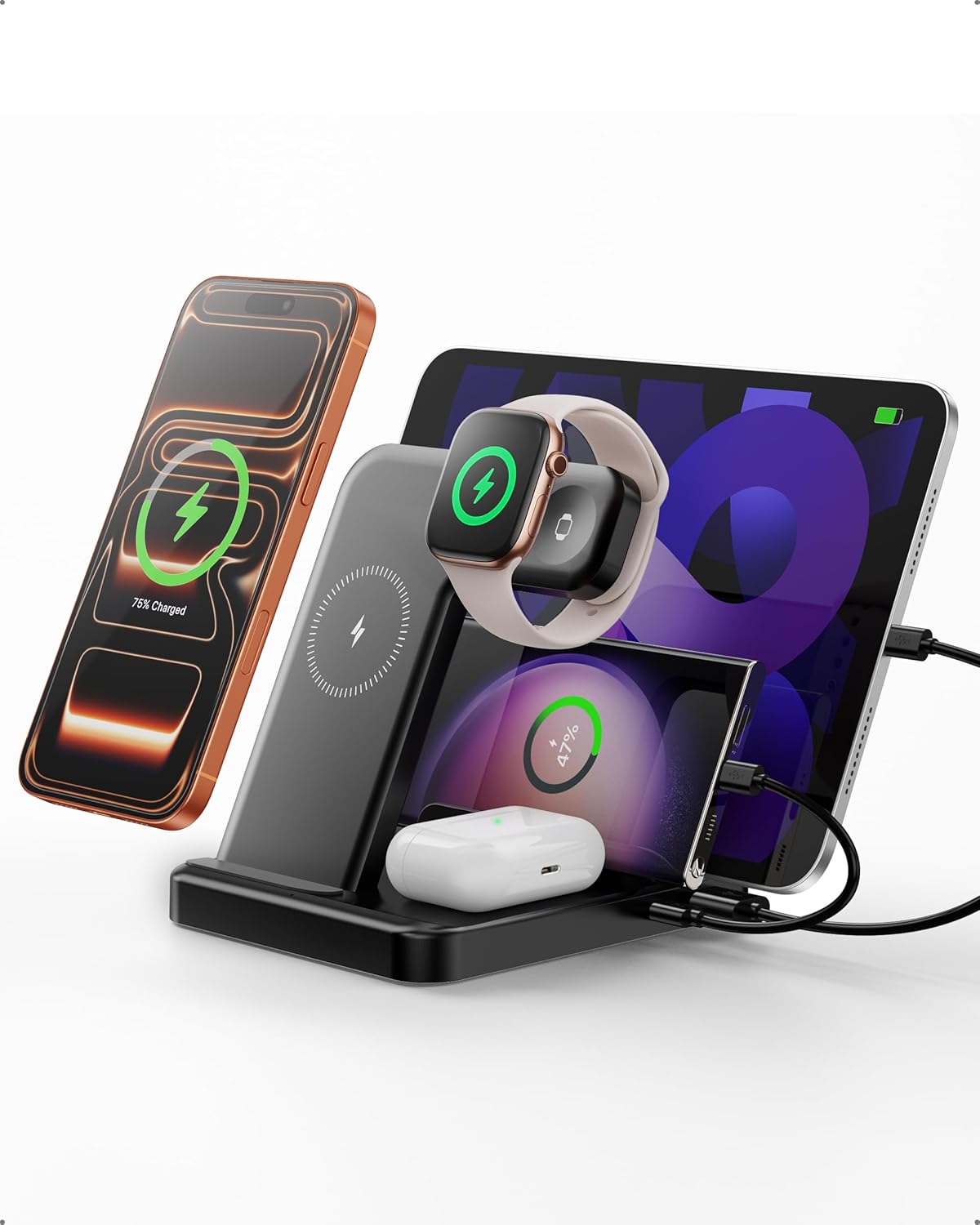 Intoval 5-in-1 Charging Station, for iPhones 17/17 Pro/17 Pro Max and Androids, iPad Pro/Air/Mini, Apple Watch 11/Ultra 3/Ultra 2/Ultra/10/9/SE, Wireless Charging Dock for Multiple Devices (Lavender)