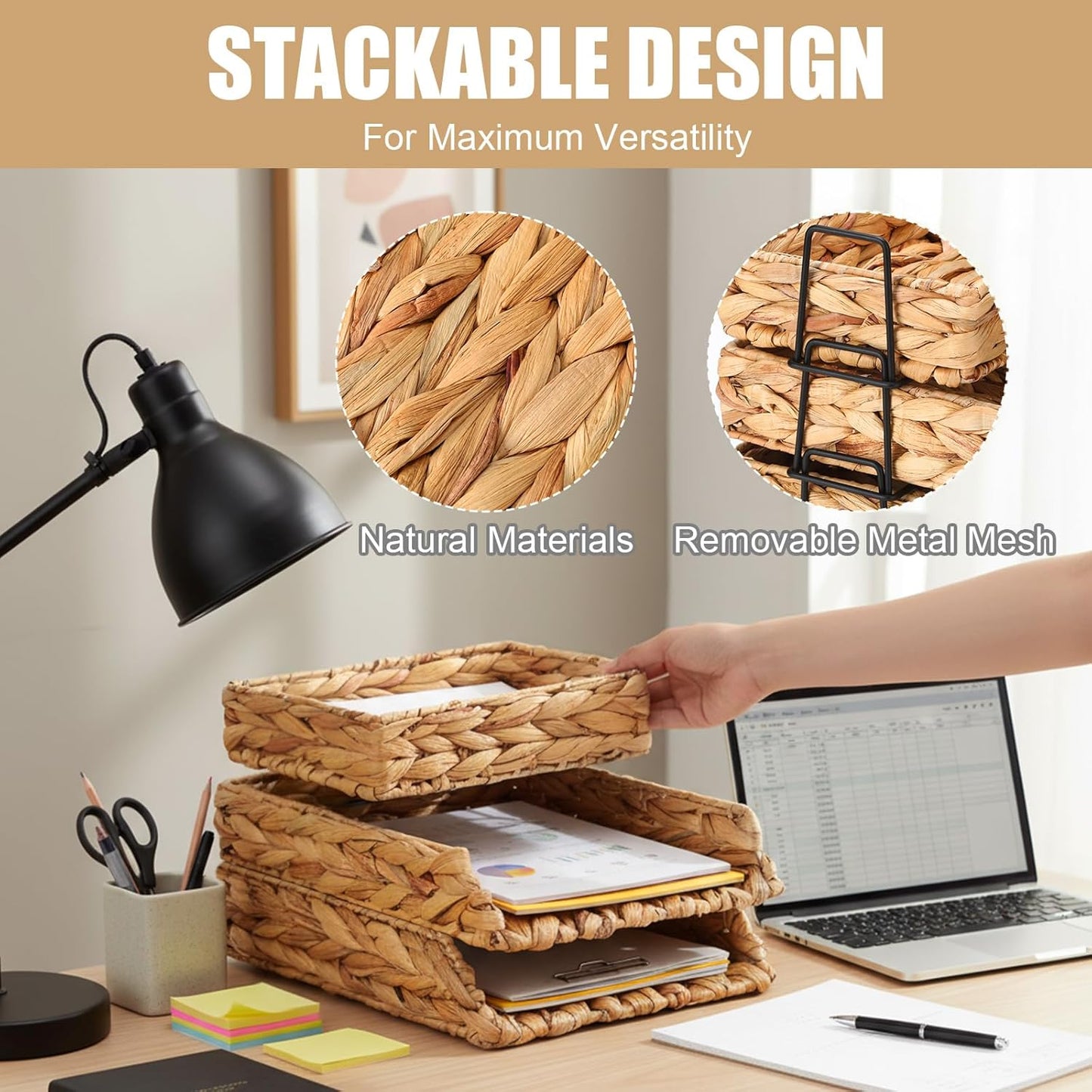 Geelin 3 Pack Water Hyacinth Woven Stackable Desk Organizer Letter Tray, Brown Tabletop Desk Basket for Storage Paper Letter Folders Notebooks Copy Print, Workspace Holder
