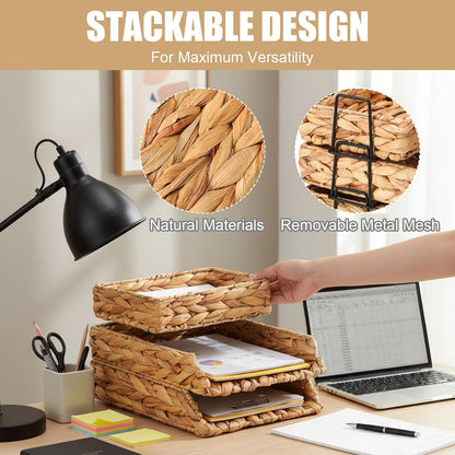 Geelin 3 Pack Water Hyacinth Woven Stackable Desk Organizer Letter Tray, Brown Tabletop Desk Basket for Storage Paper Letter Folders Notebooks Copy Print, Workspace Holder