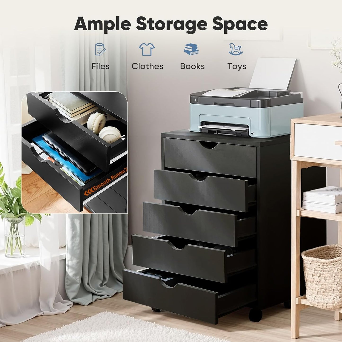 OLIXIS 7 Drawer Mobile File Cabinet Under Desk Storage Organization with Wheels Vertical Filing Chest Rolling Wood Small Desk Printer Stand for Home Office, 15.75"D x 18.74"W x 34.25"H, Black