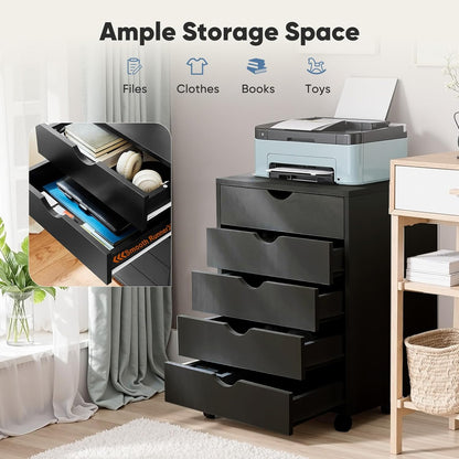 OLIXIS 7 Drawer Mobile File Cabinet Under Desk Storage Organization with Wheels Vertical Filing Chest Rolling Wood Small Desk Printer Stand for Home Office, 15.75"D x 18.74"W x 34.25"H, Black