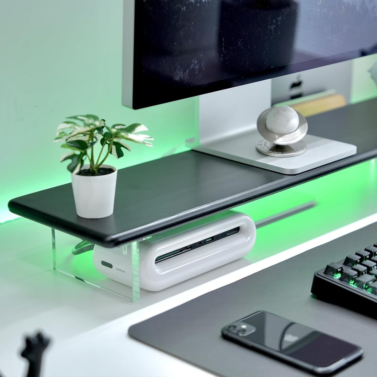 Bamboo Monitor Stand Riser with Acrylic Legs for Desk, 31.5 Inches Desktop Shelf Supports for PC Computer Monitor, Laptops, Printer, Speakers (White)