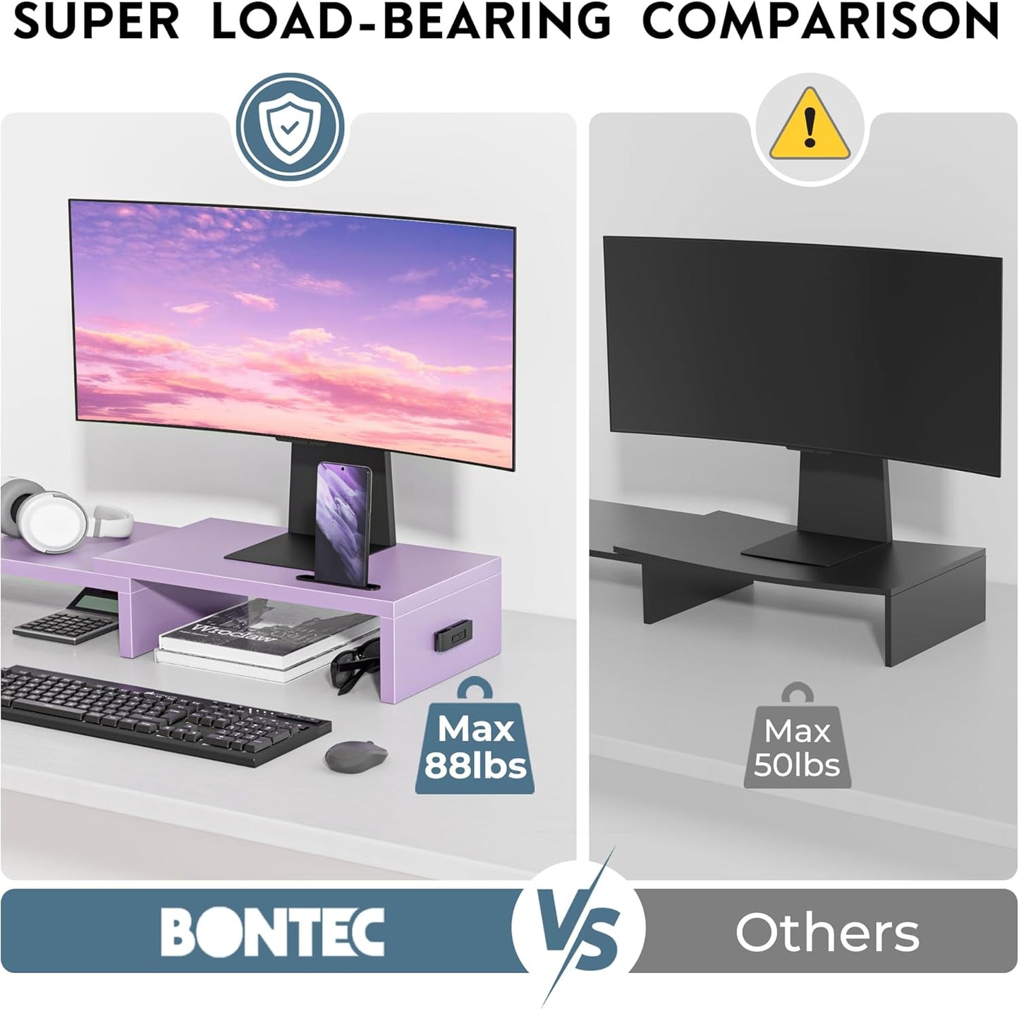 BONTEC Dual Monitor Stand Riser with Smartphone Holder, Adjustable Length & Swivel Angle, Ergonomic Wooden Desktop Organizer for PC Monitor, Laptop, Printer, Large Storage, White