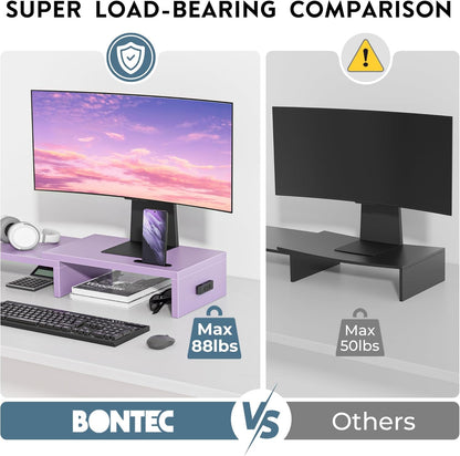 BONTEC Dual Monitor Stand Riser with Smartphone Holder, Adjustable Length & Swivel Angle, Ergonomic Wooden Desktop Organizer for PC Monitor, Laptop, Printer, Large Storage, White