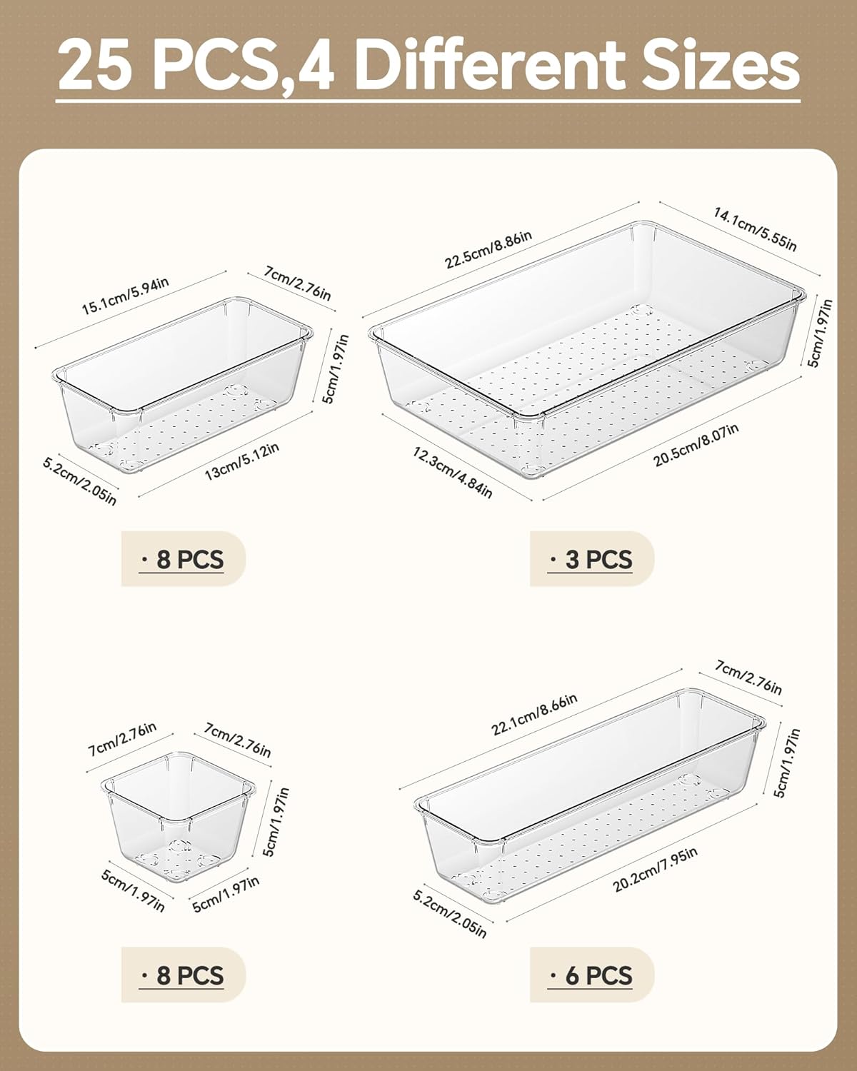 KEMETHY 25 PCS Plastic Drawer Organizers Set, 4 Sizes Vanity Organizer, Makeup and Desk Drawer Organizer Trays, Organization and Storage for Makeup, Bathroom, Kitchen Utensils and Office (Black)