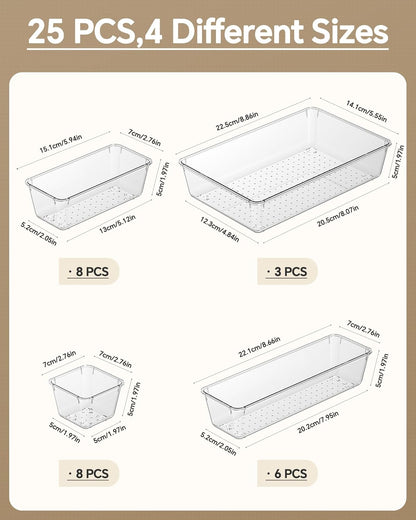KEMETHY 25 PCS Plastic Drawer Organizers Set, 4 Sizes Vanity Organizer, Makeup and Desk Drawer Organizer Trays, Organization and Storage for Makeup, Bathroom, Kitchen Utensils and Office (Black)