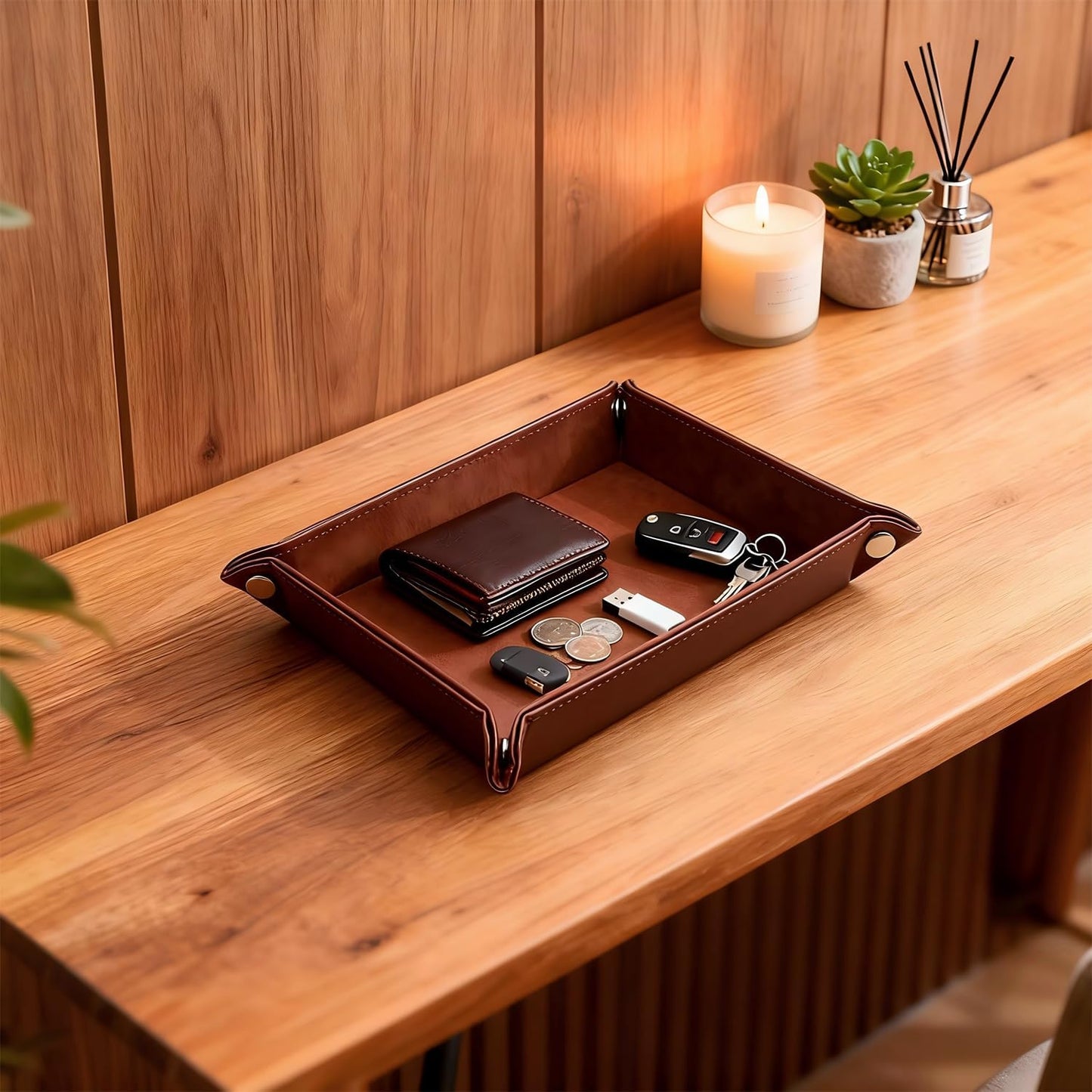 Leather Valet Tray Organizer, Catchall Tray, Desktop Storage for Keys, Coins, Wallet, Phone, Jewelry | Multi-Use Entryway Table, Desk & Nightstand Storage for Men & Women (Maroon)