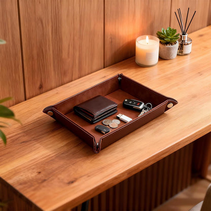 Leather Valet Tray Organizer, Catchall Tray, Desktop Storage for Keys, Coins, Wallet, Phone, Jewelry | Multi-Use Entryway Table, Desk & Nightstand Storage for Men & Women (Maroon)