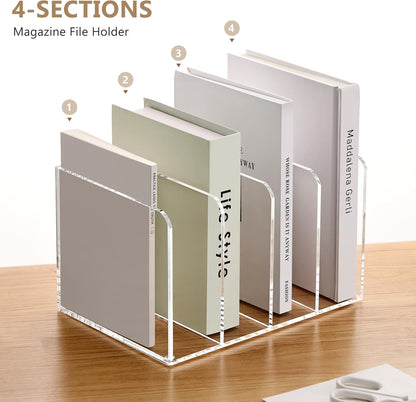 SANRUI Acrylic Magazine Holder Desk Organizer Workspace Sorters，Clear Bookend File Sorter Holder，Folder Rack, Office Accessories Organization Storage with 3 Vertical Compartments