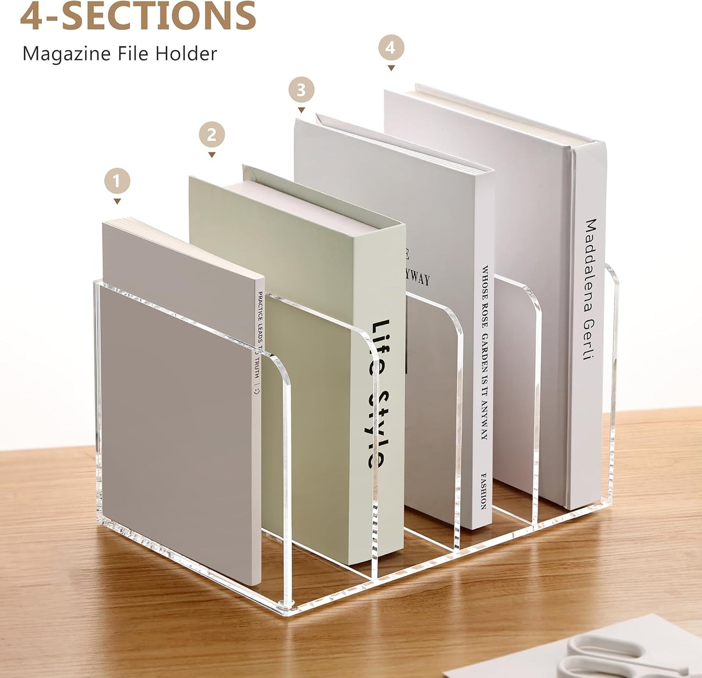 SANRUI Acrylic Desk Magazine File Holder, Clear Desk Organizer with 4 Vertical Compartments, Workspace Document Sorter for Documents, Tablet, Magazines, Books & Accessories