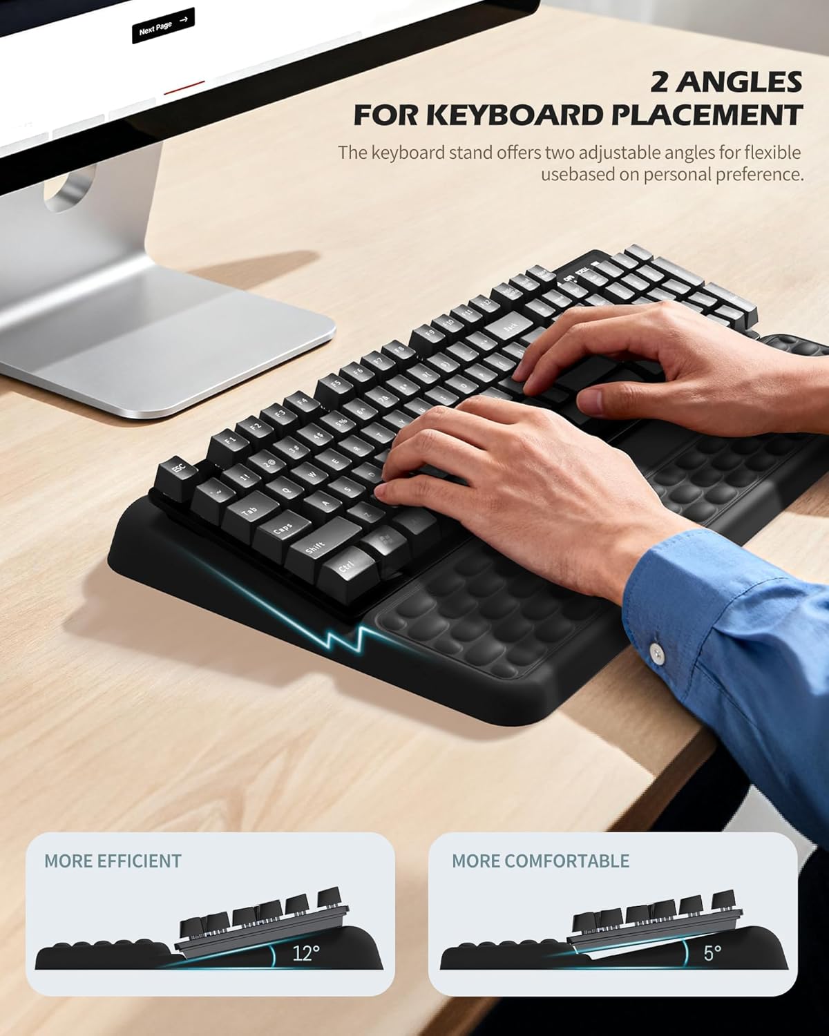 Computer Keyboard Stand with Wrist Rest, Keyboard pad with Wrist Support, Two Adjustable Keyboard Angles, Slow Rebound Comfortable Foam and Skin-Friendly Fabric. Suitable for Office, Gaming, and Home