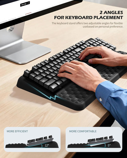 Computer Keyboard Stand with Wrist Rest, Keyboard pad with Wrist Support, Two Adjustable Keyboard Angles, Slow Rebound Comfortable Foam and Skin-Friendly Fabric. Suitable for Office, Gaming, and Home