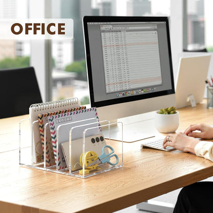 BEYGORM Acrylic Mail Holder, Clear Multifunction Desk Organizer with Divider, Vertical Letter Sorter for Desktop, 5 Compartments Modern Office Home Envelope Organizer for Bill, Document, Folder