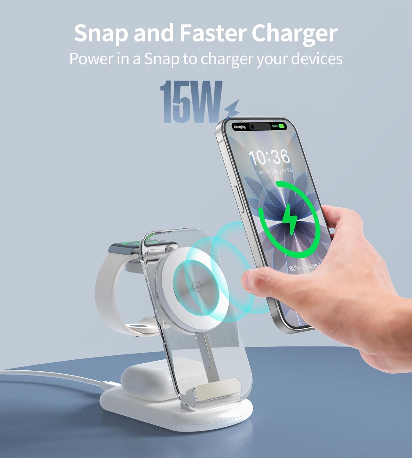3 in 1 Magnetic Wireless Charging Station for Apple Devices, Fast Foldable Travel Mag-Safe Charger Stand with Night Light for iPhone 17 16 15 14 13 12 Series, Apple Watch/AirPods Pro, BU