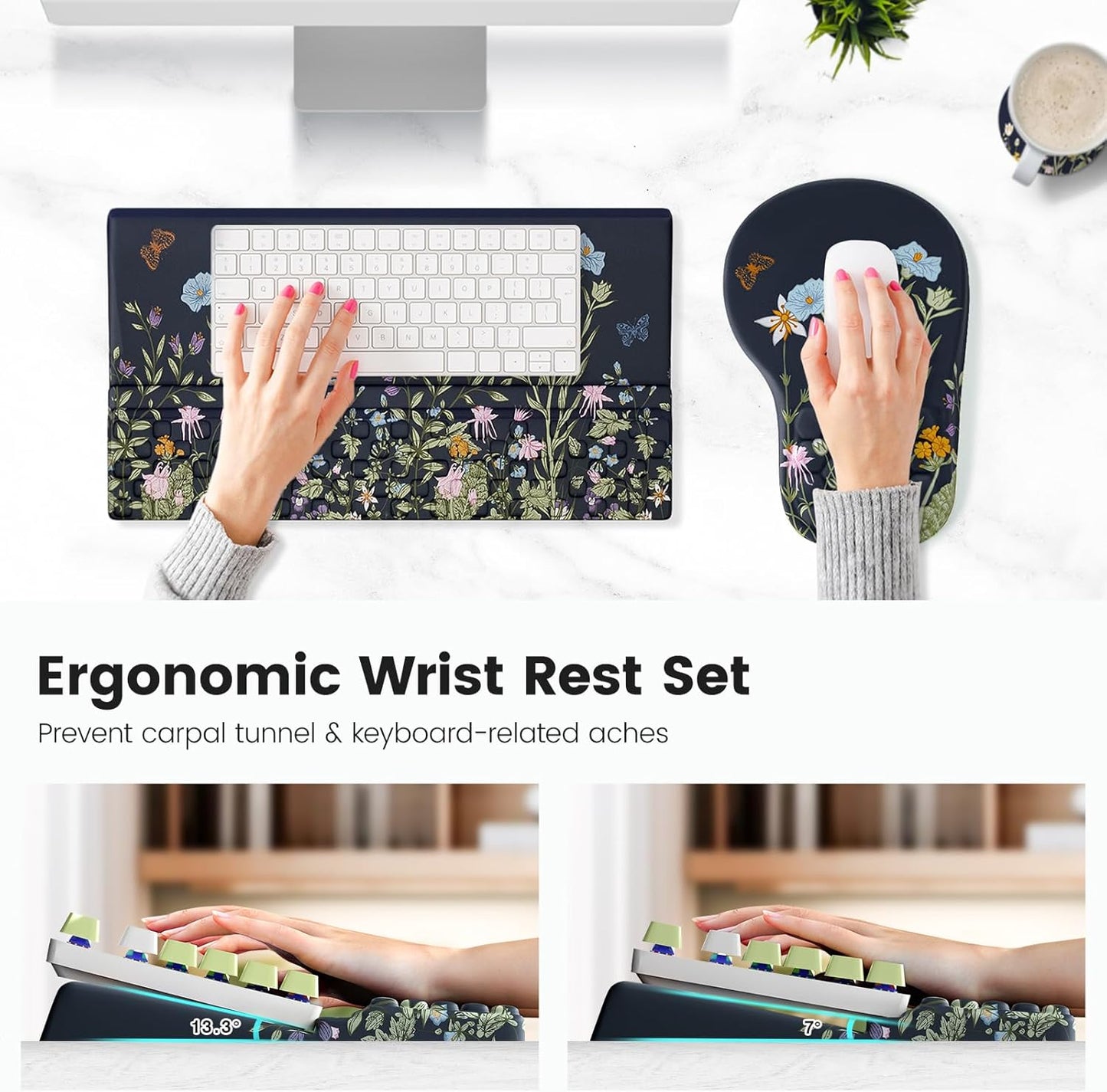 Ospelelf Ergonomic Mouse Pad and Keyboard Stand Wrist Rest Set, Memory Foam Comfort, Pain Relief for Typing, Office Desk Accessories, Moonlit Blossoms