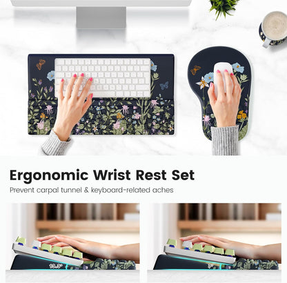 Ospelelf Ergonomic Mouse Pad and Keyboard Stand Wrist Rest Set, Memory Foam Comfort, Pain Relief for Typing, Office Desk Accessories, Moonlit Blossoms