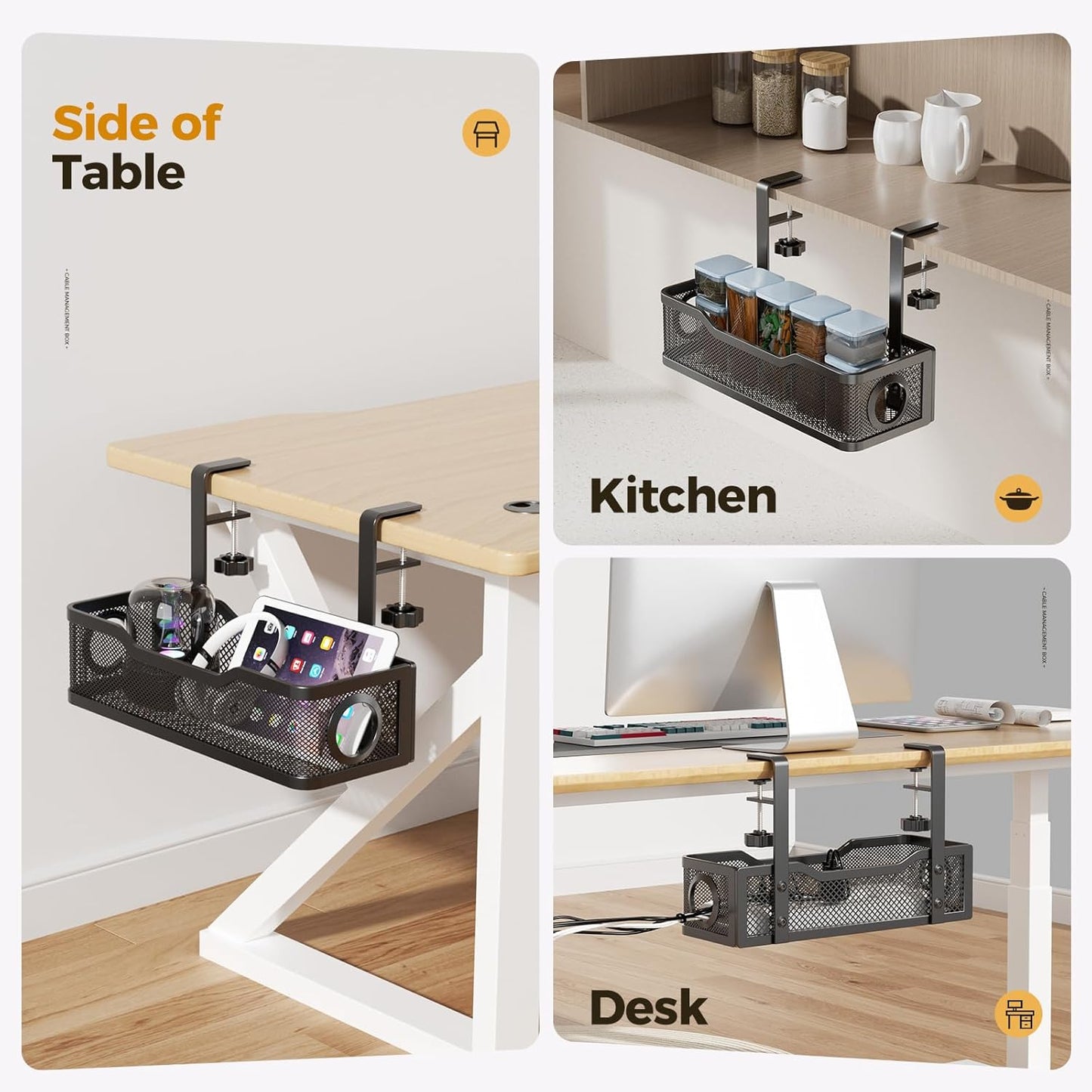Under Desk Cable Management Tray White, Cinati Wire Organizers No Drill, Cable Tray with Clamp for Wire Management, Cord Organization Box for Office, Home - No Damage to Desk