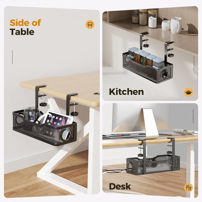 Under Desk Cable Management Tray White, Cinati Wire Organizers No Drill, Cable Tray with Clamp for Wire Management, Cord Organization Box for Office, Home - No Damage to Desk