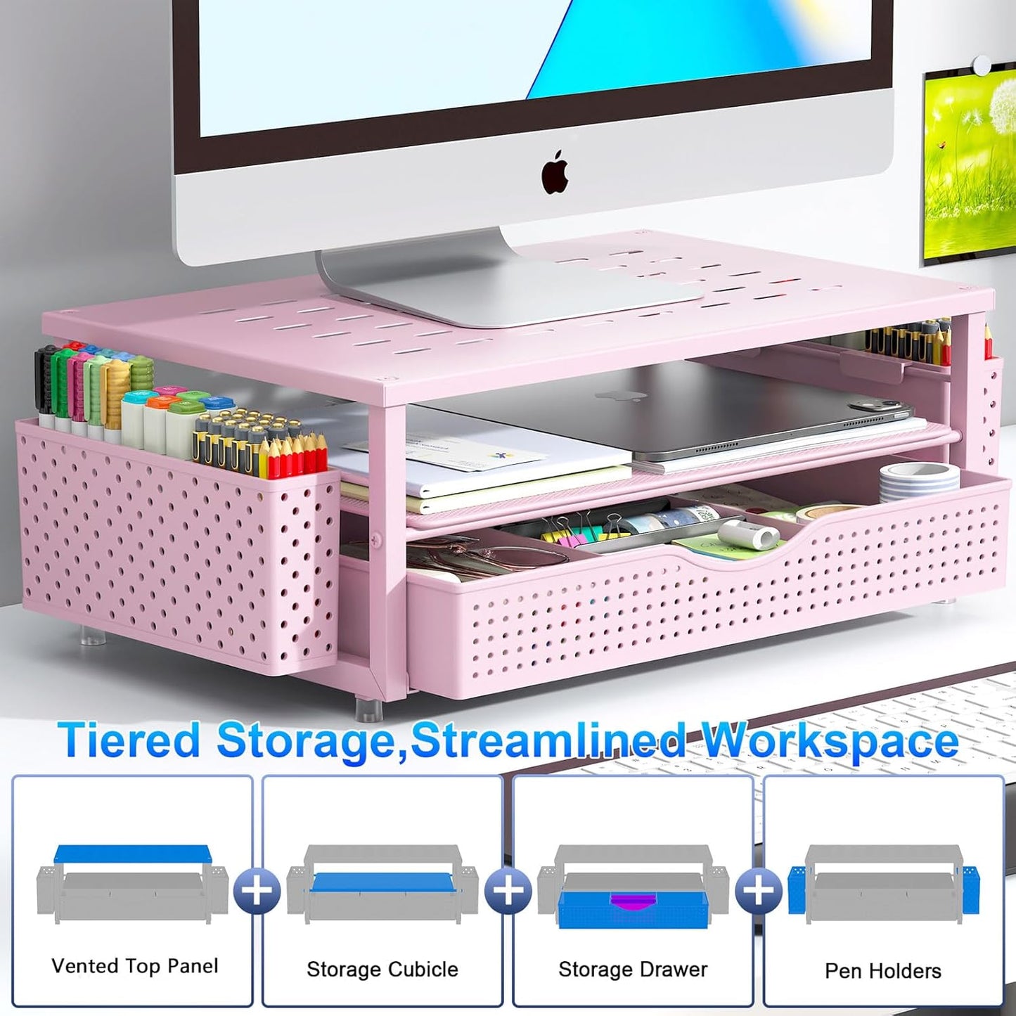 gianotter Wood Monitor Stand Riser, Office Desk Shelf Organizer, Desk Organizer with Drawer and Pen Holder, 2-Tier Computer Stand, Office Organization (Ink)