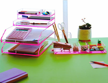Clear Acrylic Desk Organizer 4-Piece Desk Kit + Free Complimentary Acrylic Ruler, Desktop Organization for Office or Home