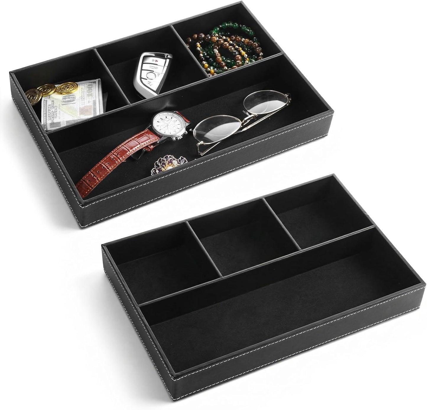 2-Piece Faux Leather Valet Tray Set, Drawer Storage Organizer Divider for Desk, Nightstand, Jewelry, Keys, Wallet, Sunglasses, Phone, Watch - Black