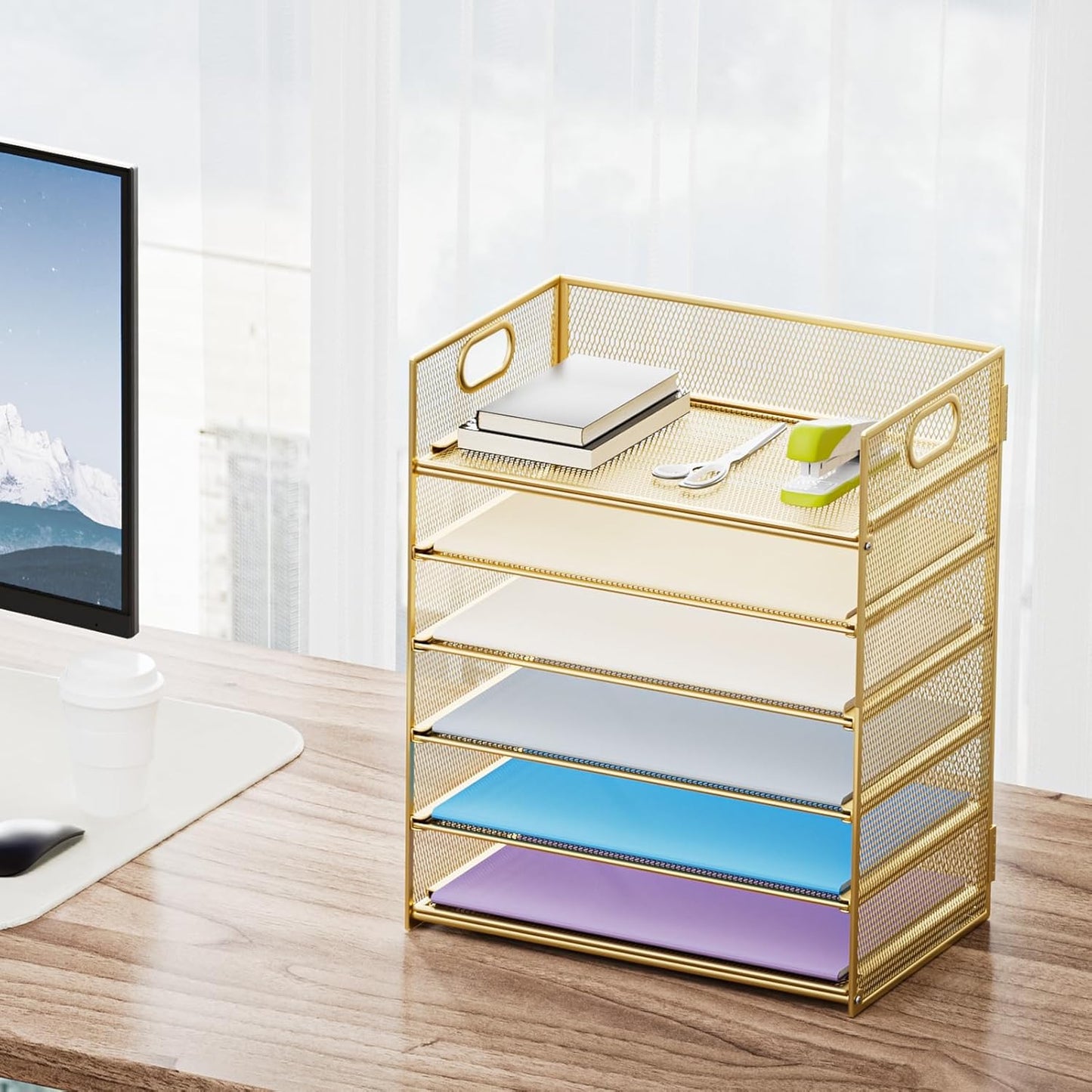 Marbrasse 6 Tier Paper Organizer Letter Tray - Mesh Desk File Organizer with Handle, Paper Sorter Organizer for Letter/A4 Office File Folder Holder - Black