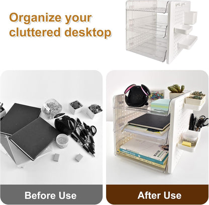 3 Tier Acrylic Desk Organizer,Clear Stackable Desktop Paper Container Letter Tray Shelf with Pen Holder, Pegboard Shelf Office Storage for File Paper, Letter, A4 Office File, Books, Notes