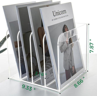 Clear Acrylic Organizers - 5 Vertical Compartments Acrylic Folder Organizer & File Organizer, Desk Document Storage Bins for Magazines, Binders - Multipurpose Home Office Desk Organizer