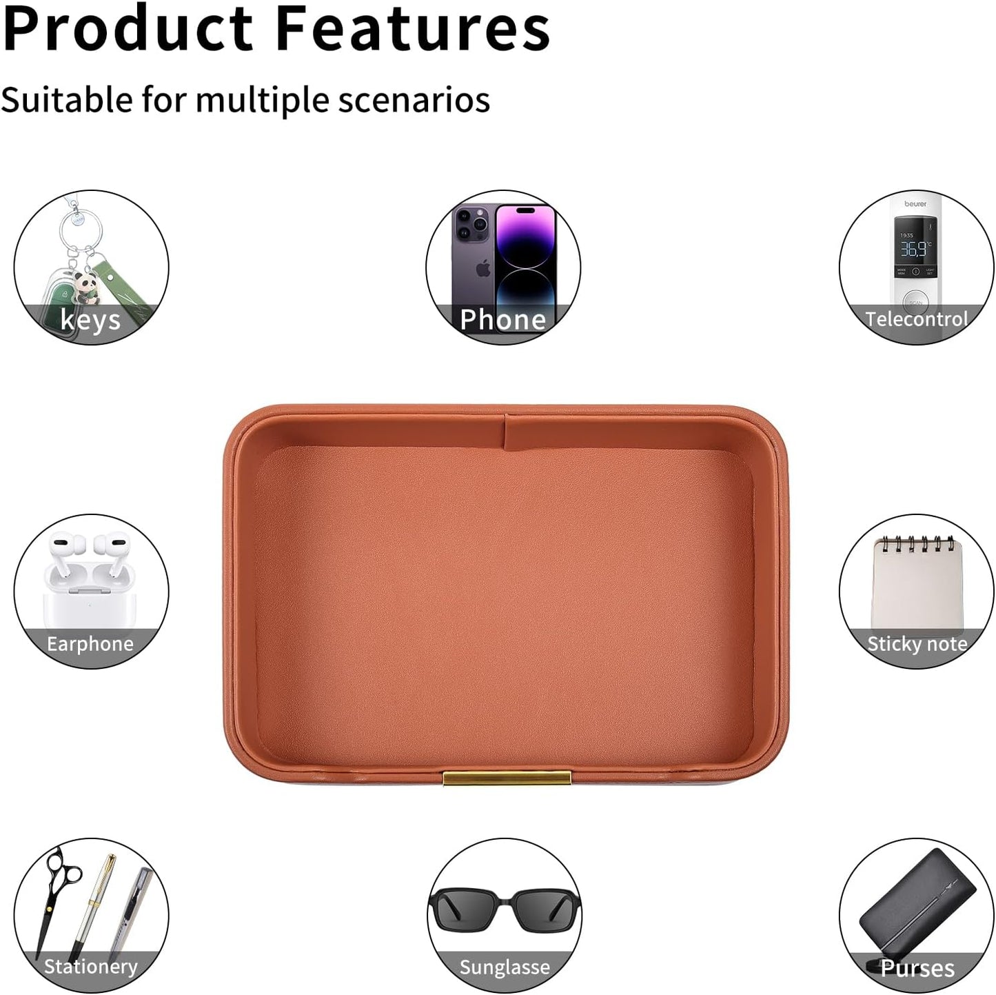 Luxury Leather Valet Tray Desktop Storage Organizer,Bedside Vanity Catchall Tray Nightstand Caddy Holder for Cosmetic,Jewelry,Watch,Keys,Phone,Wallet,Remote Controller,Pen,Black