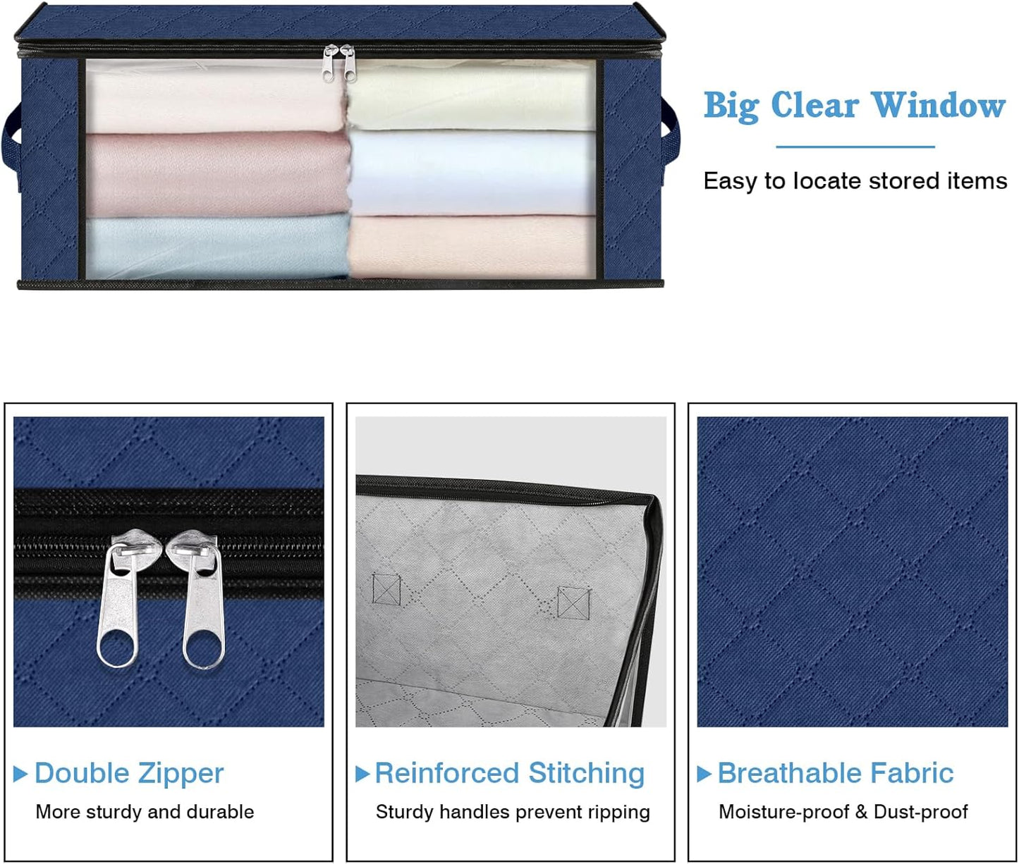 HomeHacks Storage 3-Pack Clothes Organizer Storage Bags Foldable Storage Box with Large Clear Window Sturdy Handles for Closet, Dorm, Pillows, Bedding, Clothes, Blankets, 35L, Gray