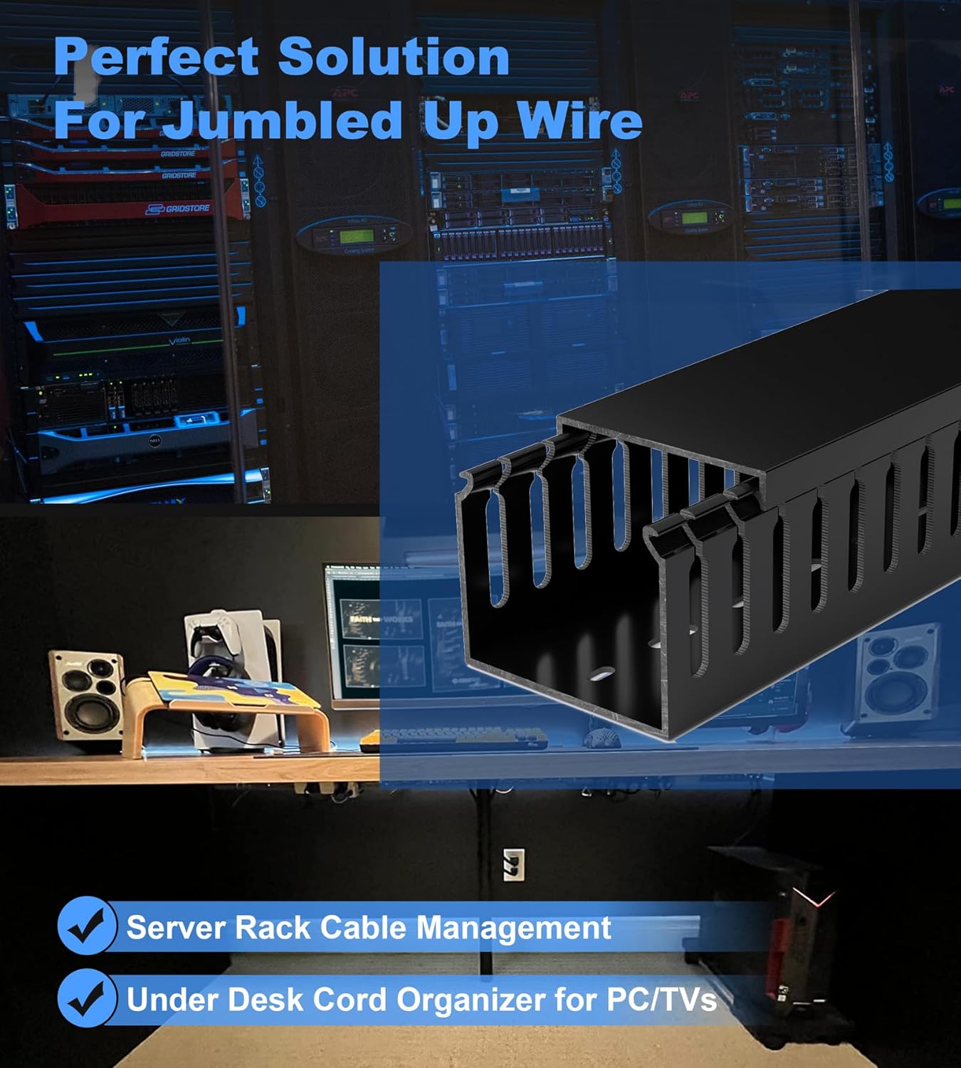 ZhiYo 2 x 2in Professional Server Rack Cable Management Raceway, 99in (6X L16.5in) Cable Raceway Kit, Electrically Safe PVC Open Slot Wire Raceway for Under Desk/Computer/Network Cords, Black