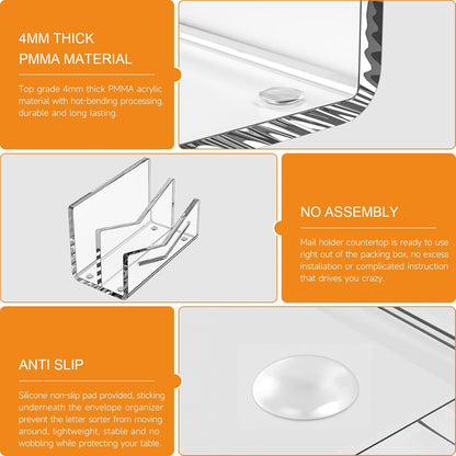 Beego Envelope and Mail Organizer Countertop - Clear Acrylic Desk Organizer Letter Holder Desktop File Sorter Bill Document Folder Rack for Office, Home, School Desk Organization