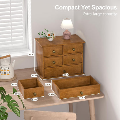 Oak Desk Organizer with Drawers, Durable Wooden Desktop Storage Box with Metal Handles & Non-Slip Silicone Pads, 4 Drawer Tabletop Organizer for Office, Bedroom, Bathroom, Vanity, and Makeup – Walnut