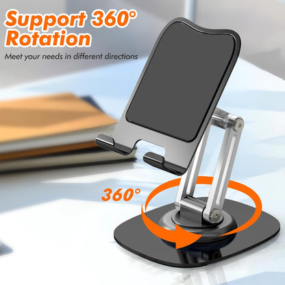 Metal Phone Stand for Desk, Adjustable Foldable Desktop Phone Holder, 360 Degree Rotating Cell Phone Stand for Recording Compatible with iPhone 17 16 15 14 13 12 11 Pro, Black