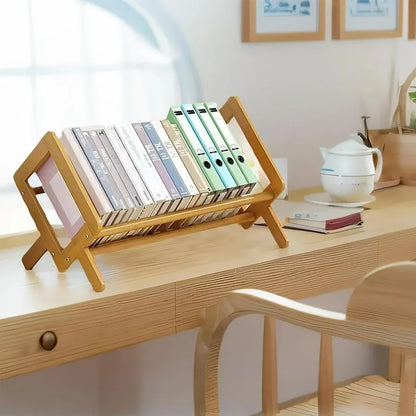 Desktop Bookshelf Bamboo Book Storage Organizer Large Magazine Holder Racks for Home Office Bedroom Tilting Bookcase for Books CDs Files Magazine Display Back to School Gift
