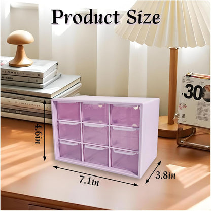 Small Drawer Organizer for Desk, 7.1" x 3.8" x 4.6" Mini Desktop Drawer Organizer with 9 Clear Drawers, Compact Craft & Office Supplies Organizer for Home School (Pink)