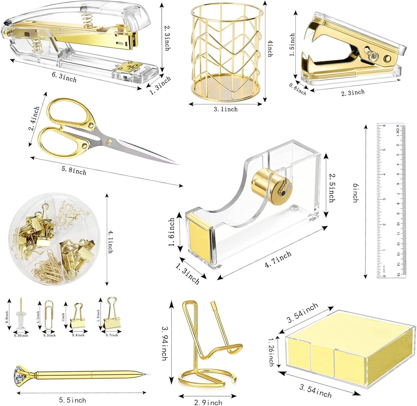 Office Desk Accessories, Acrylic Stapler, Staple Remover, Tape Holder, Pen Holder, Ballpoint Pen, Scissor, Binder Clips, 1000pcs Staples, Phone Holder, Ruler, Transparent Glue and 300 Notes