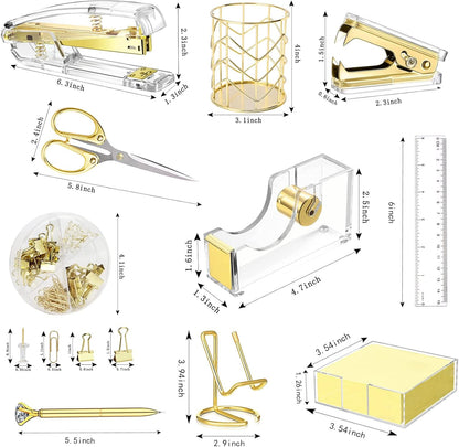 Office Desk Accessories, Acrylic Stapler, Staple Remover, Tape Holder, Pen Holder, Ballpoint Pen, Scissor, Binder Clips, 1000pcs Staples, Phone Holder, Ruler, Transparent Glue and 300 Notes
