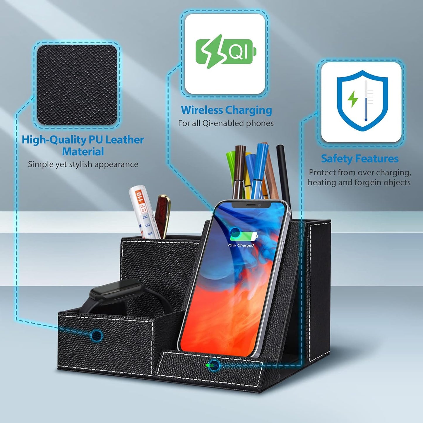 TopMade Wireless Charger with Desk Nightstand Organizer, Leather Pen Pencil Holder Bedside Fast Charging Station, for iphone Charging Stand Office Supplies Desk Accessories, Gifts for Men(Blue)