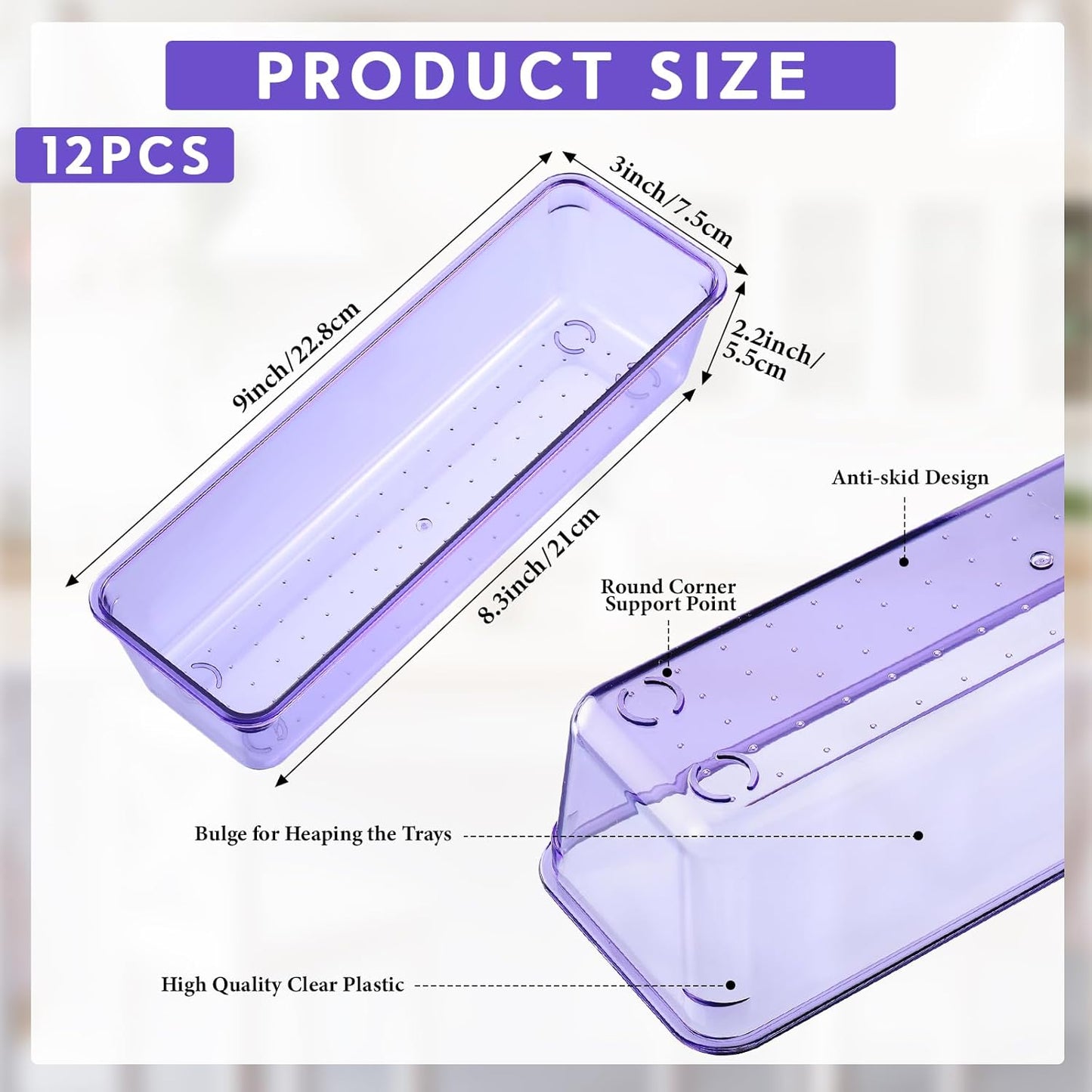 Maitys 12 Pcs Clear Drawer Organizer 9 x 3 x 2 Inches Plastic Rectangle Trays Makeup Vanity Storage Bins and Kitchen Drawers Dividers for Office Desk Silverware Kitchen Utensils(Clear)