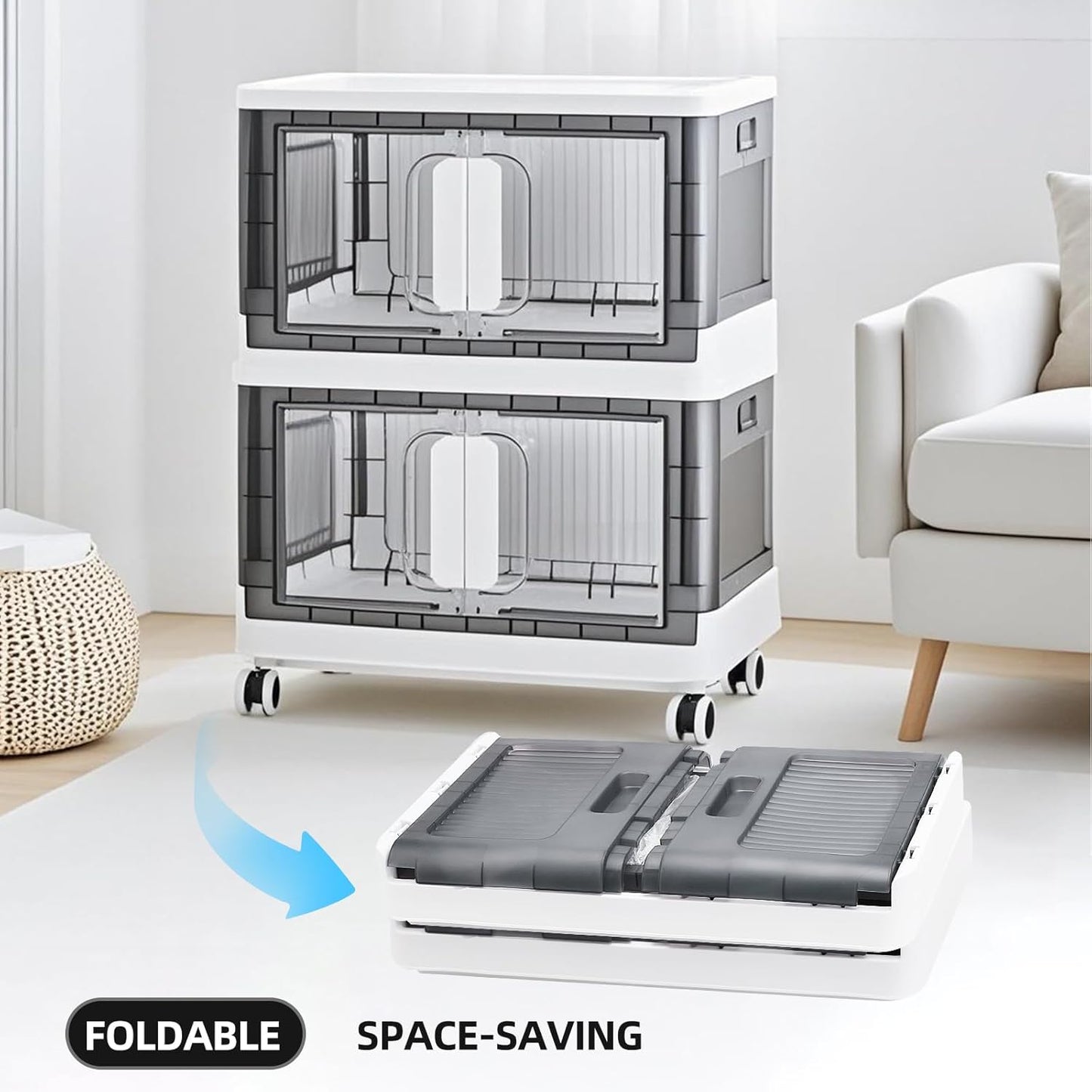 Folding Storage Organizer with Silent casters | Stackable Design for Home & Office, Heavy-Duty Plastic Storage Bin with Clear Door, 3 Sizes (19.5/23.5/27.5in),Black/White (23.6" 1 layer, White)
